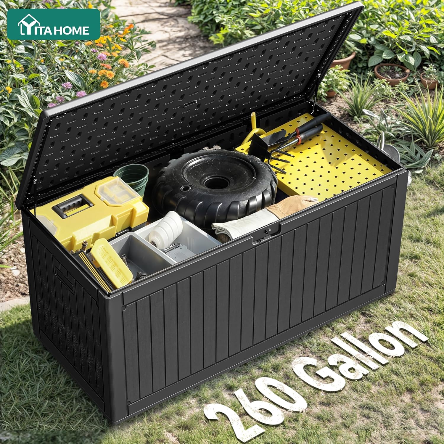 YITAHOME 260 Gallon Double-Wall Deck Box with Divider & Side Handles, Outdoor Large Storage for Patio Furniture Cushions, Garden Pool Accessories, Water Resistant & Lockable