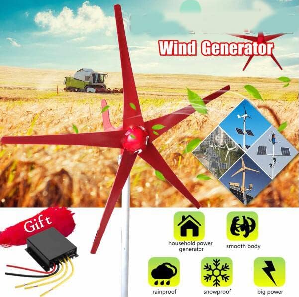 1000W-3000W 12V 24V 48V 220V Wind Turbine Generator Kit, W/Controller 5 Blades Wind Turbine Kit for Marine, Home Energy Supplementation(Red)