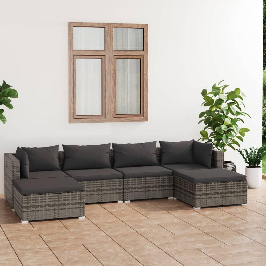 Patio Set 6 Piece Patio Lounge Set with Cushions Poly Rattan Gray