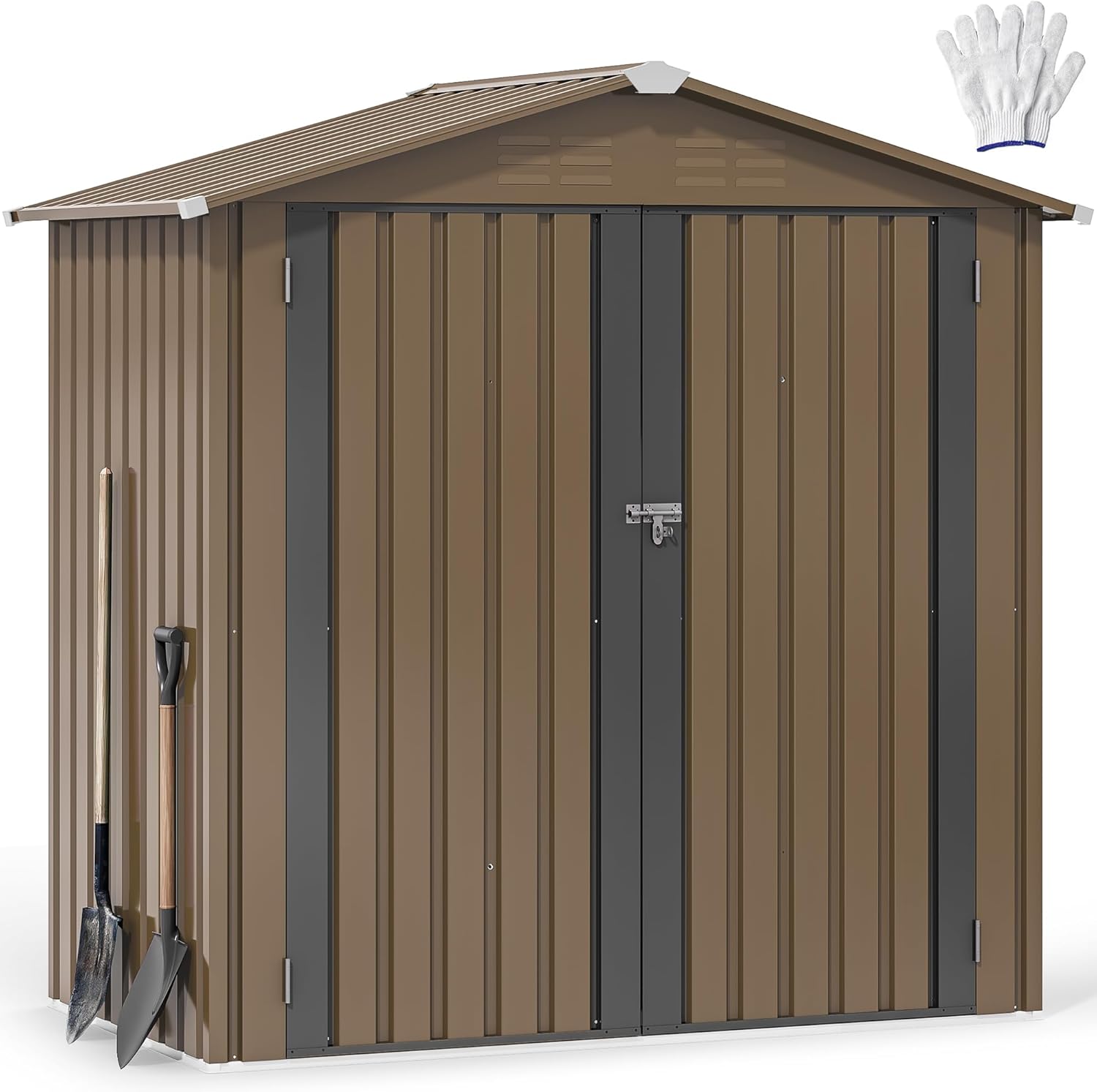 DWVO 6x4ft Small Tool Storage Shed, Lockable Doors, and Sloped Roof, Oversized Steel Outdoor Storage Shed for Garden, Patio, Garage, Backyard, Lawn - Brown