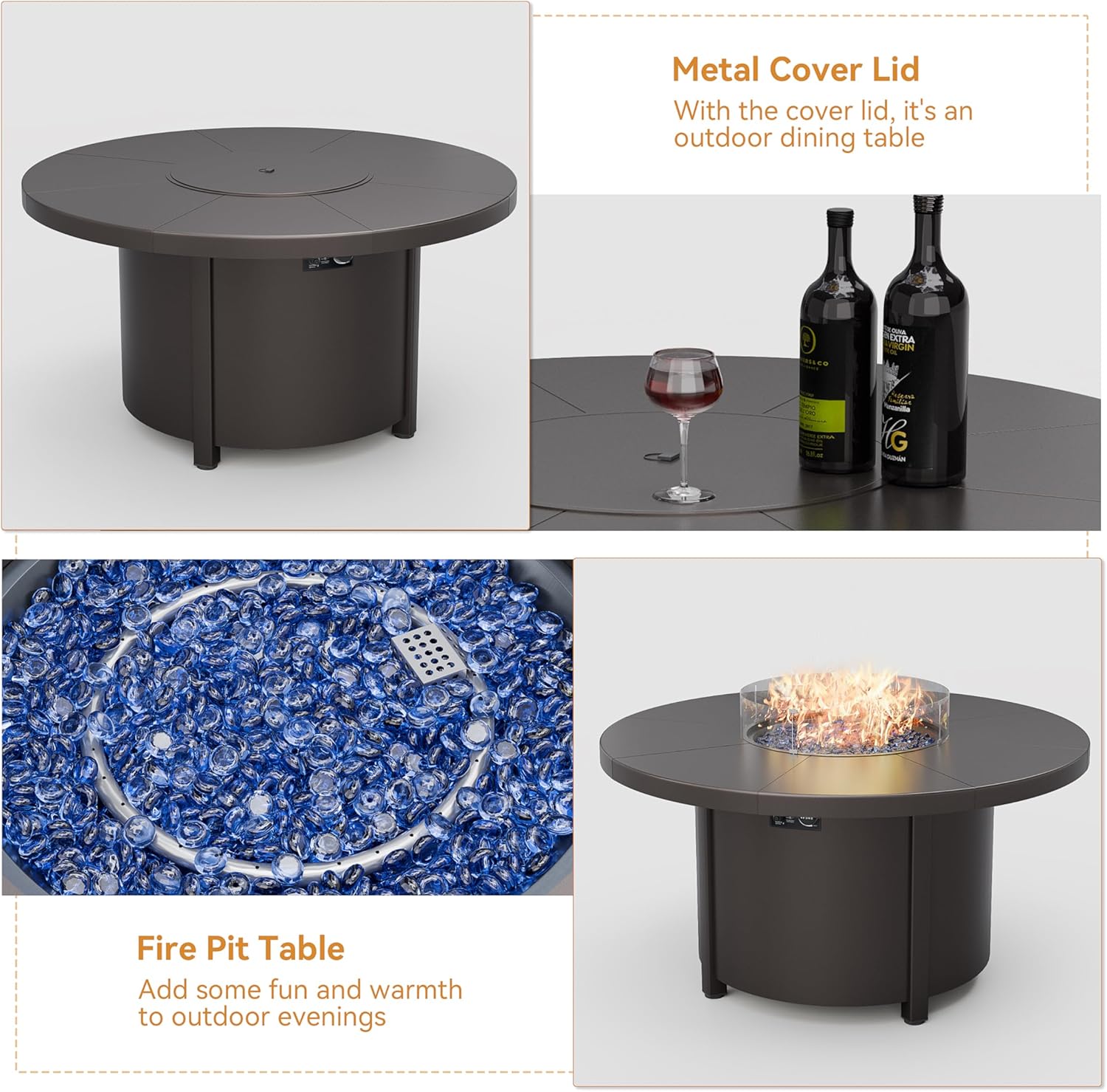 ALAULM Round Gas Fire Pit Table 48in, 40000 BTU Outdoor Propane Fire Pit with Round Metal Tabletop, Adjustable Flame,Windshield & CSA Certification for Outside Patio and Garden