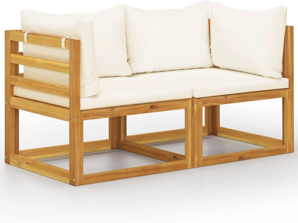 2-Seater Patio Bench with Cream White Cushions,Acacia Wood 2Seater Patio Bench with Cushions for Outdoor Comfort and Style Patio Furniture, Patio Benches