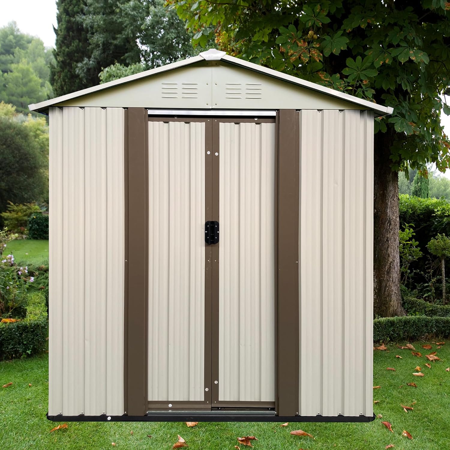 5x3 FT Outdoor Storage Shed, Metal Garden Tool Storage Sheds with Lockable Sliding Door and Vents, All-Weather Waterproof Heavy-Duty Metal Bike Shed for Backyard/Patio/Lawn, Cream White