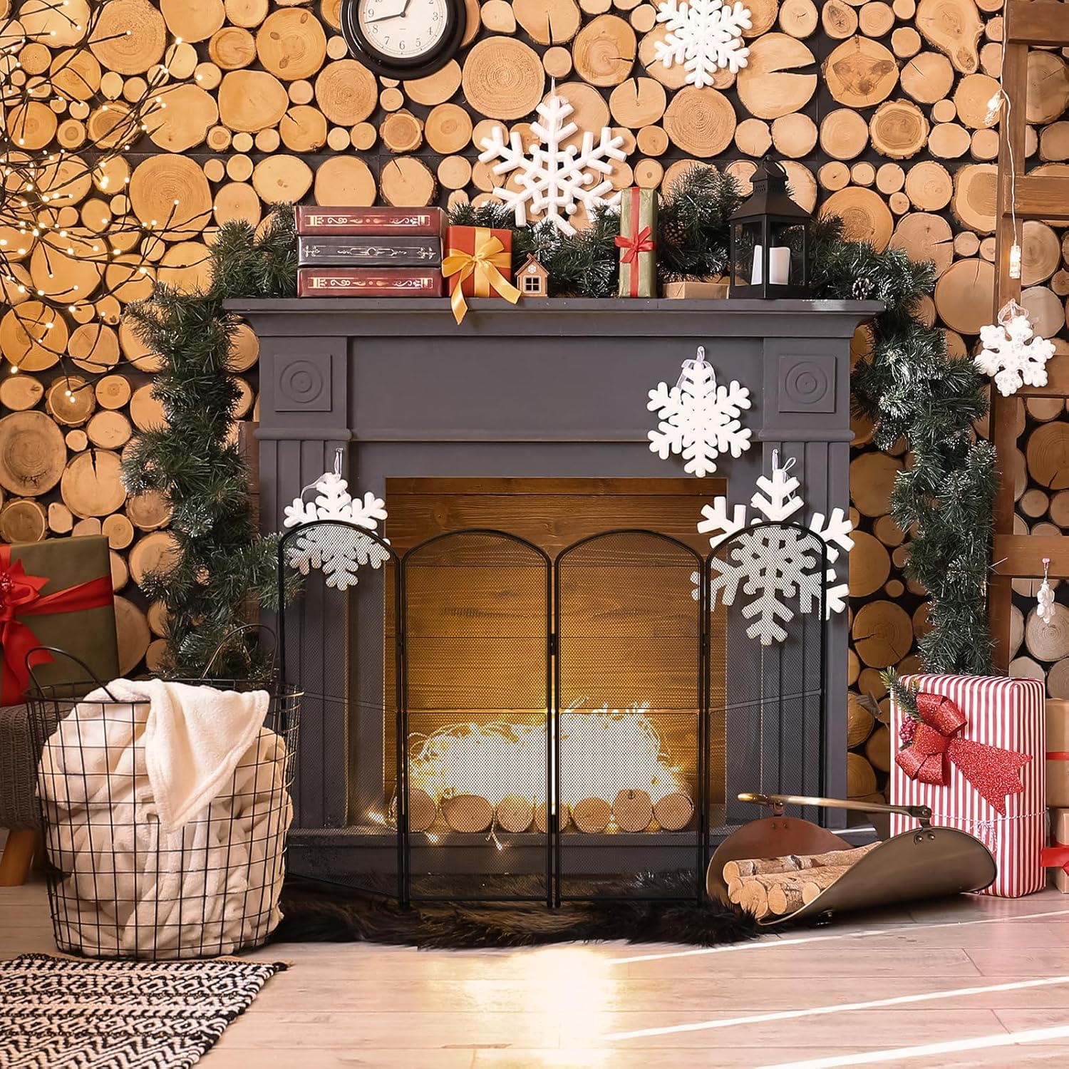 Black Fire Spark Guard Cover Decorative 4 Panel Foldable Fireplace Screen Stand for Home Indoor Fireplace - Protective Cover Guard for Fire Safety ()