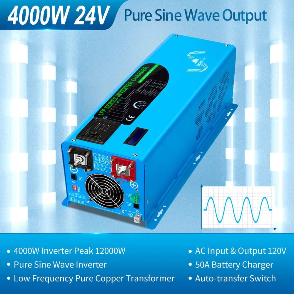 SUNGOLDPOWER 4000W Peak 12000W DC 24V to AC Ouput 120V Pure Sine Wave Power Inverter with Battery Charger Low Frequency Solar Wind Inverter Charger LCD Display Power Converter (4000W 24V)