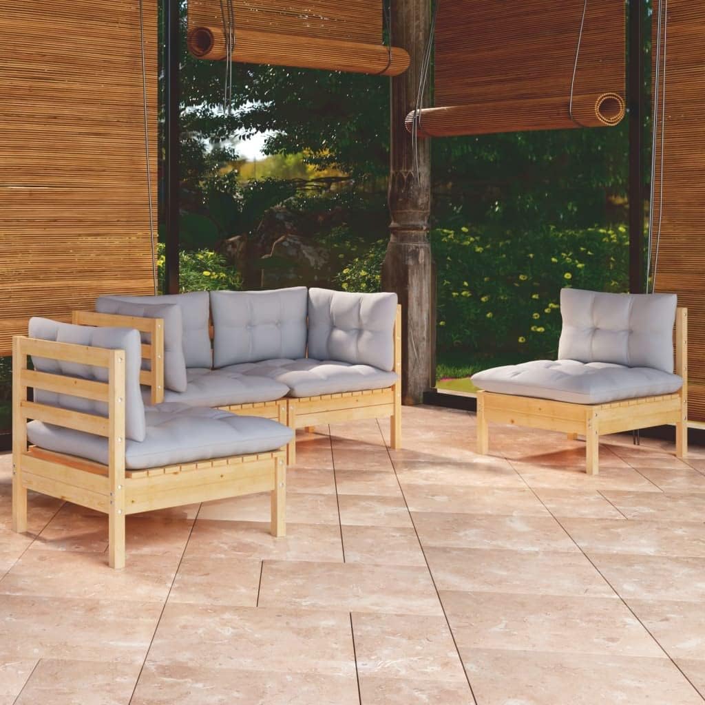 4 Piece Patio Lounge Set with Gray Cushions Solid Pinewood,Pinewood Patio Lounge Set Modular Sofa for Outdoor Relaxation and Comfort Patio Furniture Sets, Outdoor Furniture Sets
