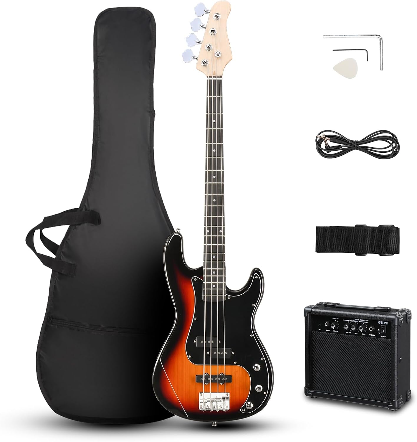 Ktaxon 4 String Bass Guitar, Bass Kit Full Size Guitar Starter Kit with 20W AMP, Portable Gip Bag, Premium Cable, Adjustable Guitar Strap, Picks and Wrench, Gift For Music Lover(Bass Set-Sunset)