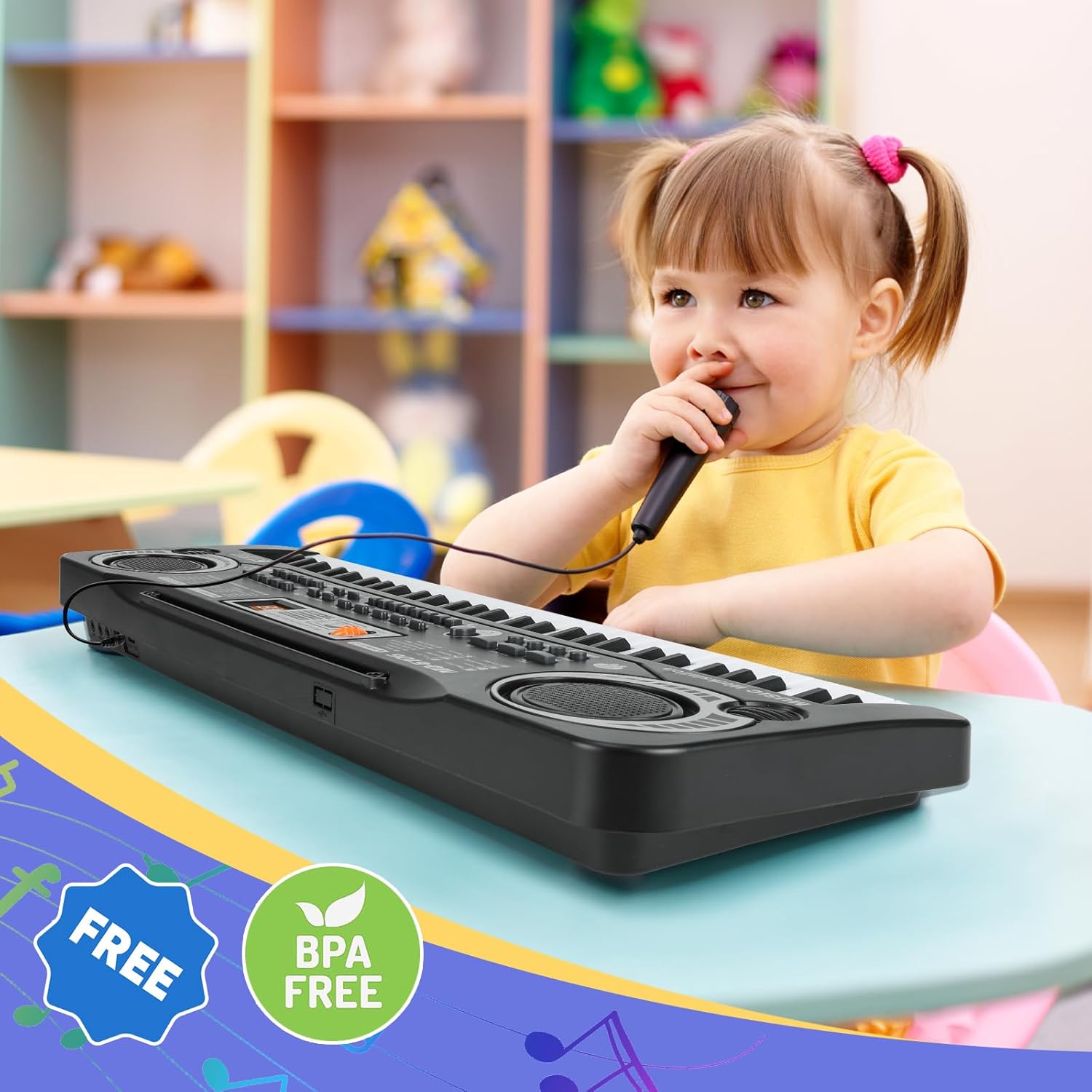 61 Key Piano Keyboard, Beginner Electronic Keyboard for Kids with Teaching Mode, 6 Demo Songs, 16 Tones, Microphone and Power Supply, Kids Piano Keyboard for Birthday Gift/Christmas Gift