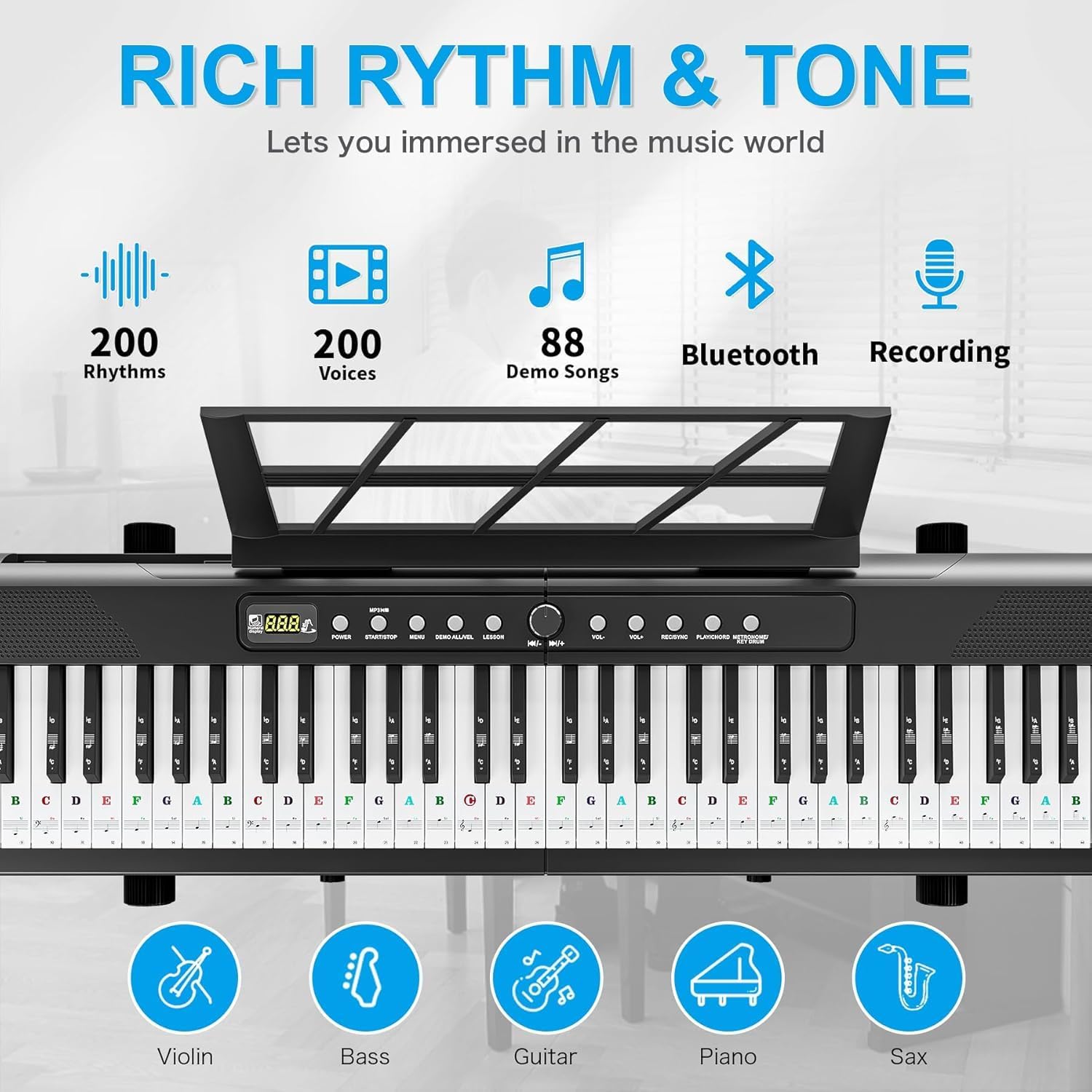 Digital Piano 88 Key Weighted, Semi-Weighted Keyboard, Portable Electronic Piano with Stand, Power Supply, Sustain Pedal, Stickers, Bluetooth and Piano Lessons, for Beginners Adults, Black