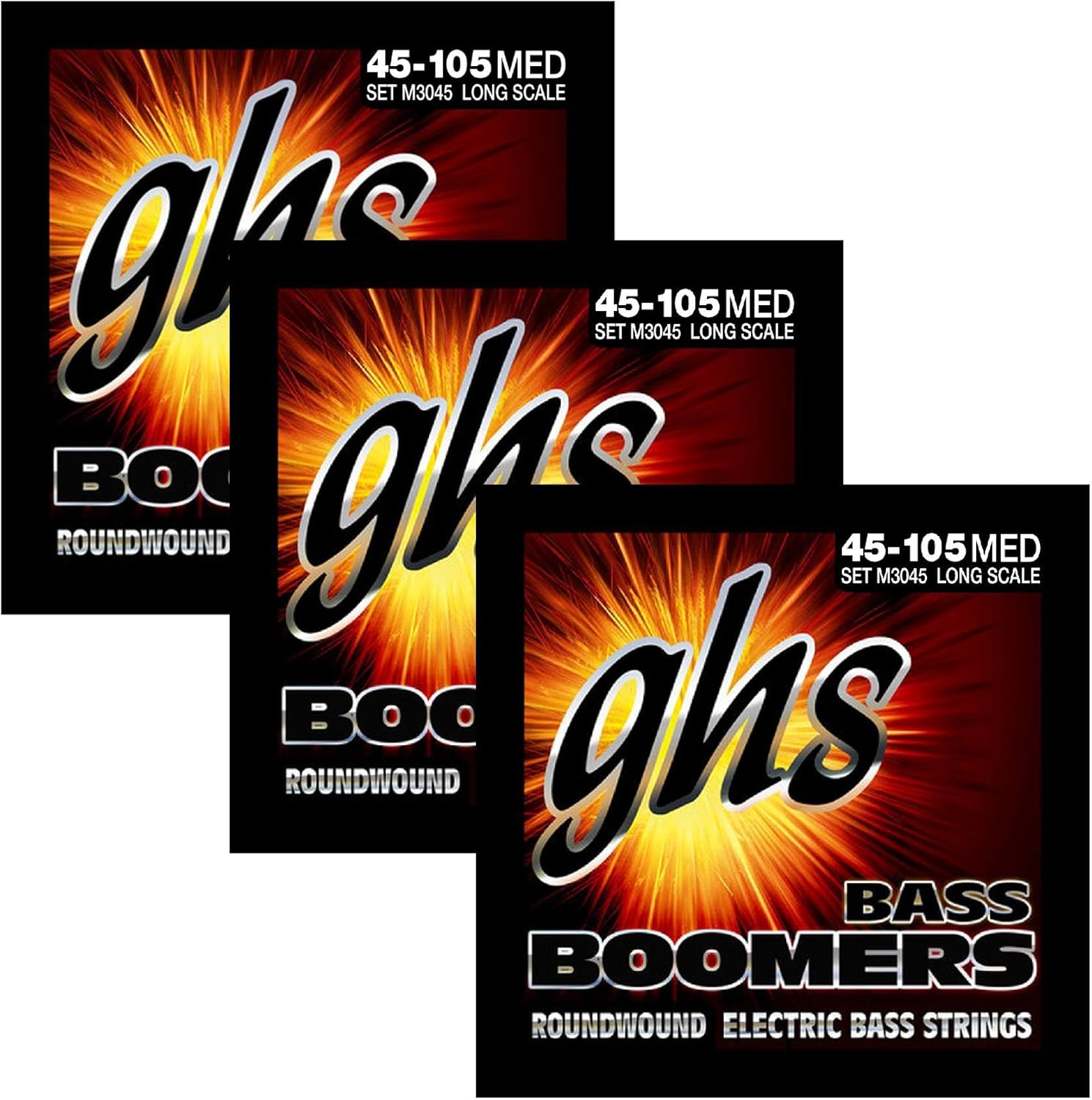 GHS Strings M3045 Electric Bass Set Boomer Medium Nickel Steel 4 string Long Scale, 45-105, Pack of 3