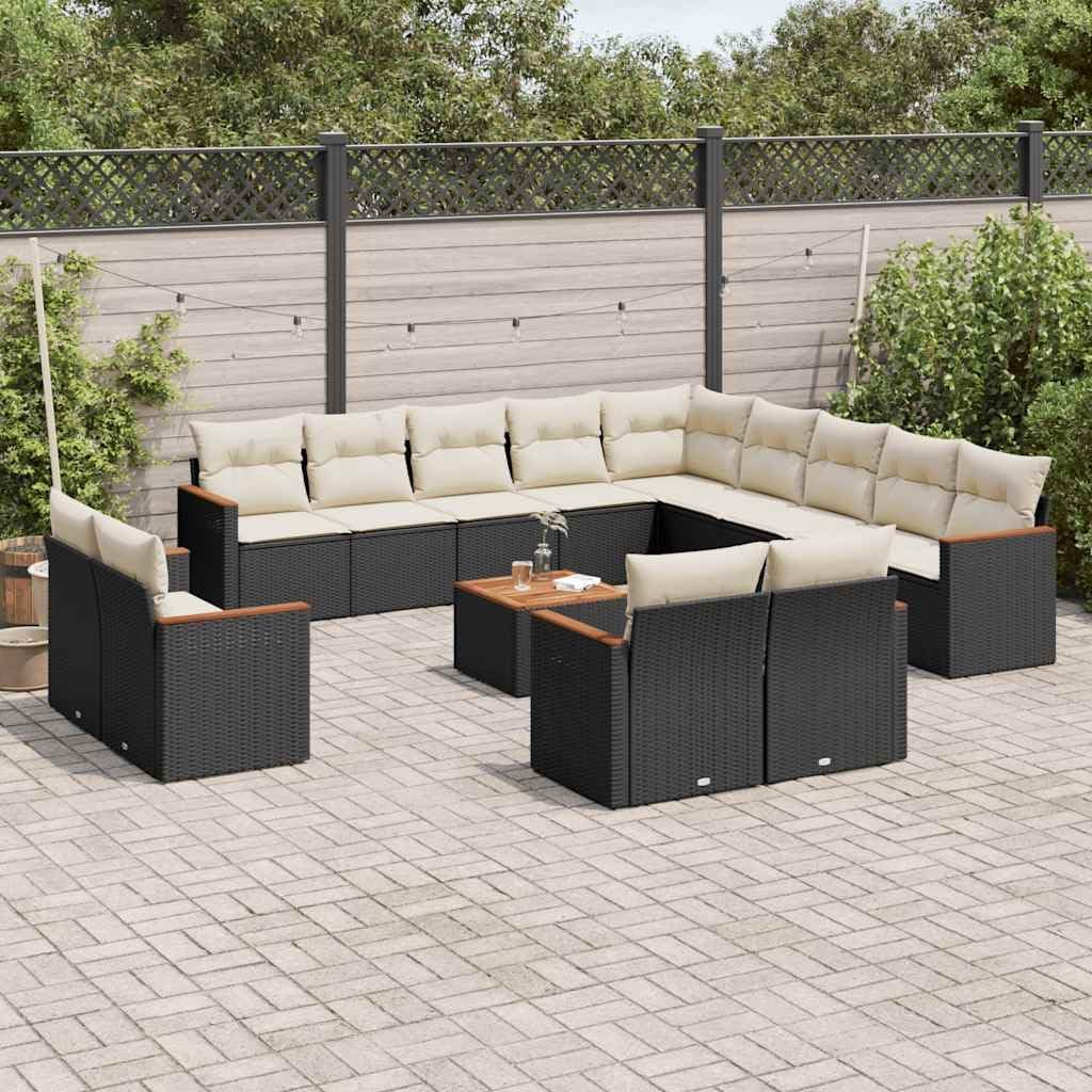 14-Piece Modular Garden Sofa Set Black and Cream White, Outdoor Patio Furniture with Built-in Storage and Removable Cushions, Durable UV-Resistant Poly Rattan
