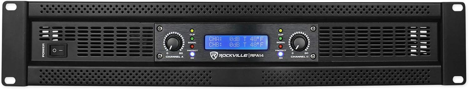 Rockville RPA14 7000W Peak / 2000W RMS 2 Channel Power Amplifier, Bridgeable/Stereo/Parallel Modes, Crossover Switch, LCD Display, for Pro DJs and Live Sound