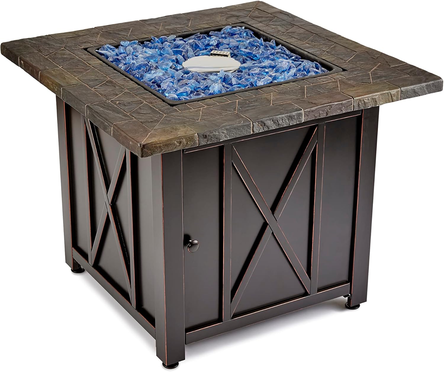 Endless Summer 30 Inch Square 30,000 BTU Liquid Propane Gas Outdoor Fire Pit Table w/Push Button Ignition, Blue Fire Glass, & Steel Fire Bowl, Bronze