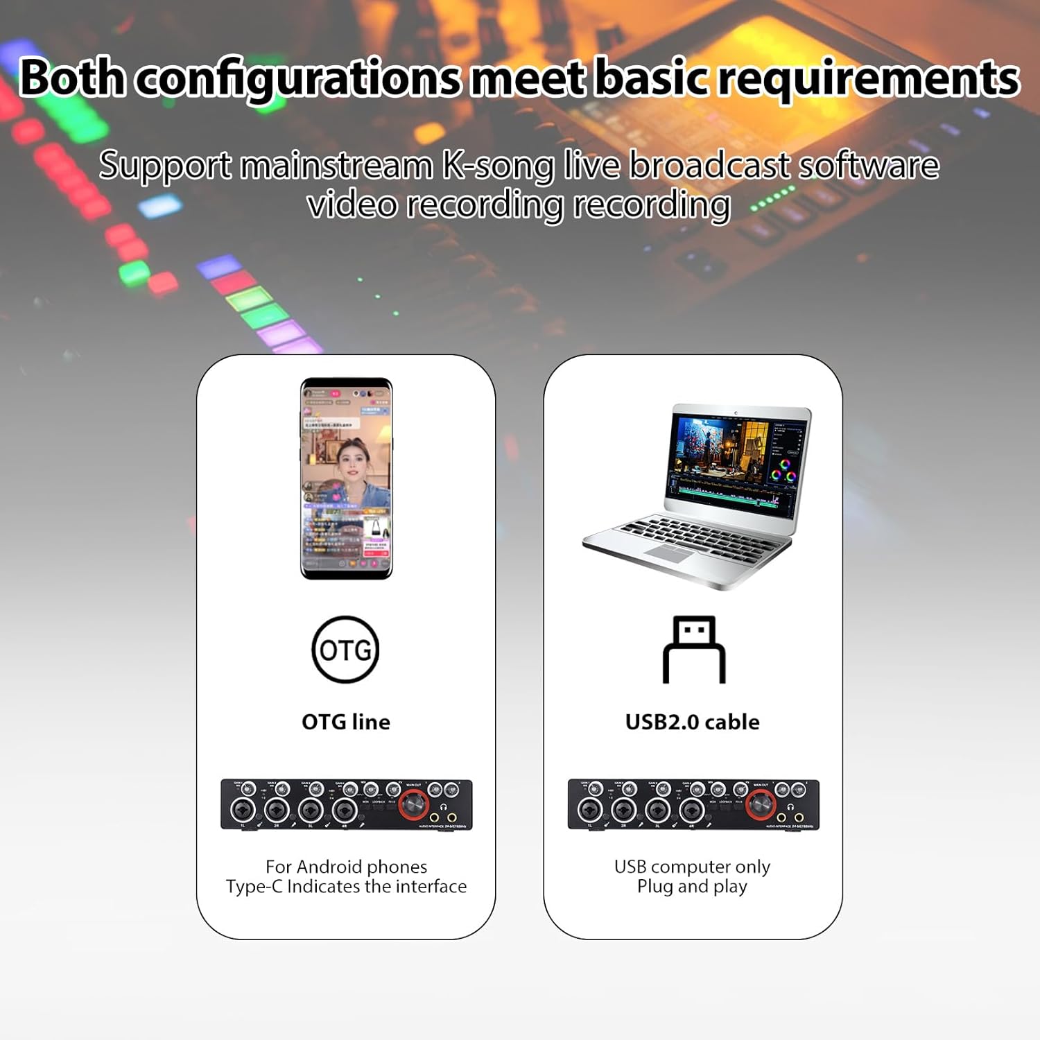 HXBER 4 Channels Recording Sound Card with Driver Free Audio Interface, 4-in 4-out USB Sound Card 24 bit/192khz 48V Phantom Power Supply for Professional Recording of Live Streaming Karaoke, Black