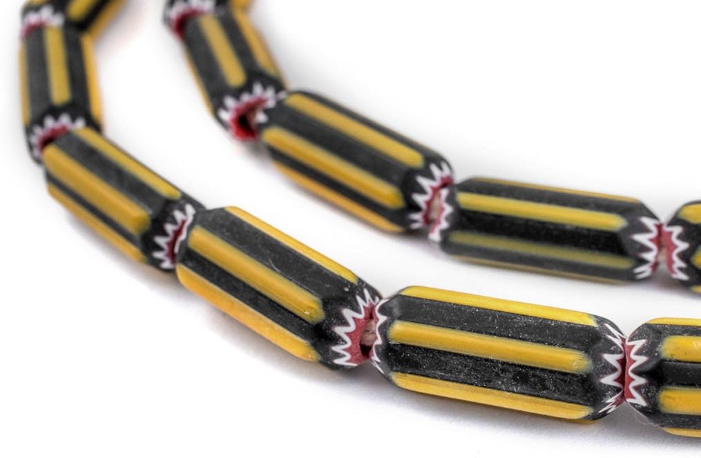 The Bead Chest Yellow Jacket Chevron Beads 10mm Nigeria African Cylinder Glass Large Hole 28 Inch Strand Handmade