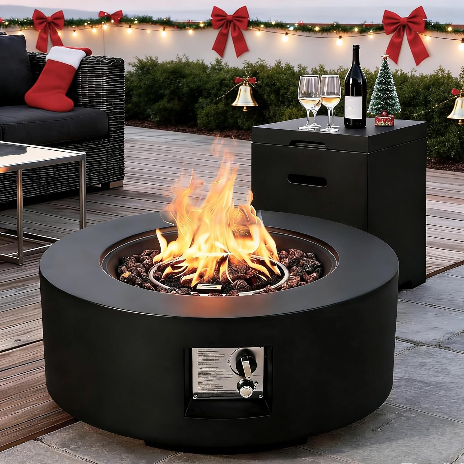 ECOTOUGE 2-Piece Gas Fire Pit, Outdoor Propane Fire Pit Table Set w/Tank Cover, 30''Auto-Ignition Round Steel Fire Table, 50,000 BTU Concrete Fire Pit w/Weather-Resistant Pit Cover, Lava Rocks, Black