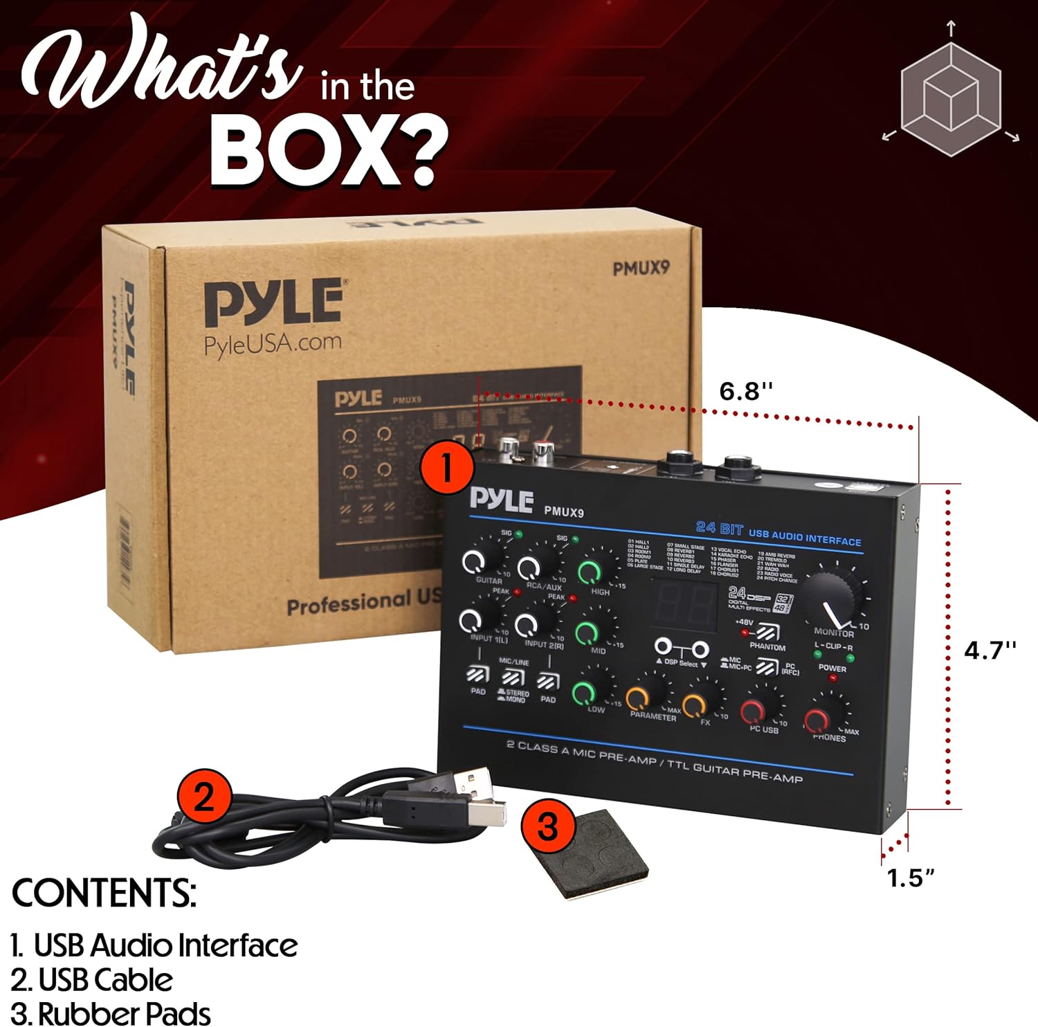 Pyle USB Audio Interface - MIC/LINE - Guitar - AUX Stereo & RCA Inputs - Preset 24 Digital Effects - Phantom Power - Phone/Stereo/Monitor/Headphone Outputs - For Computer Playing & Recording - PMUX9