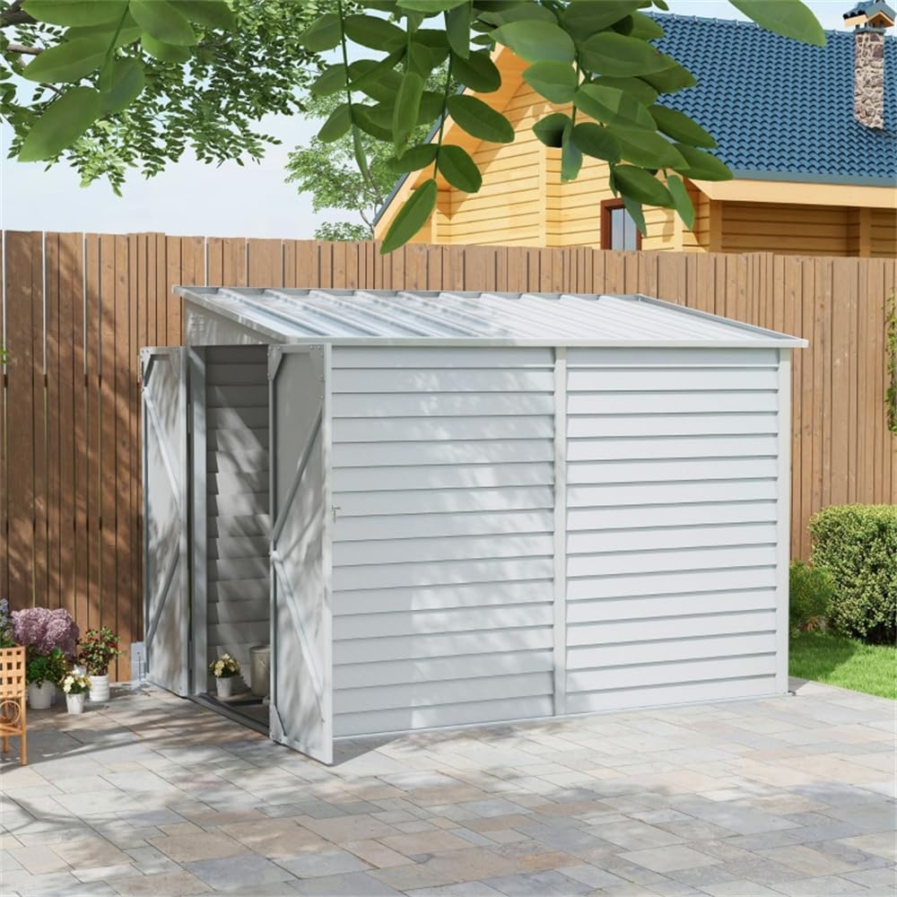 Galvanized Steel Garden Storage Shed - 38 sq ft Outdoor Utility Shed for Bike, Lawn Mower, Generator - Double Door Lockable Shed with Ventilation, Foundation Kit & Assembly Gloves (White, 56.25