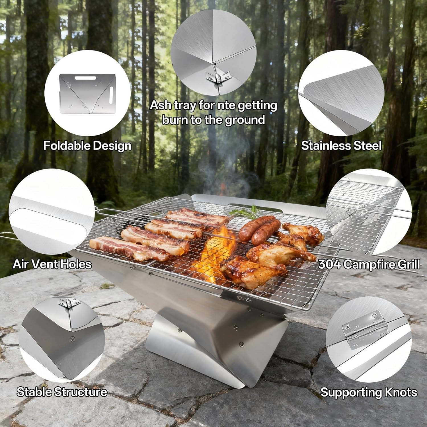 Foldable Portable Fire Pit - Stainless Steel Camping Fire Bowl with 304 Steel Grill Net & Heat-Resistant Gloves - Compact Bonfire Pit for Outdoor BBQ, Patio, Garden & Camping, 16.54 Inch