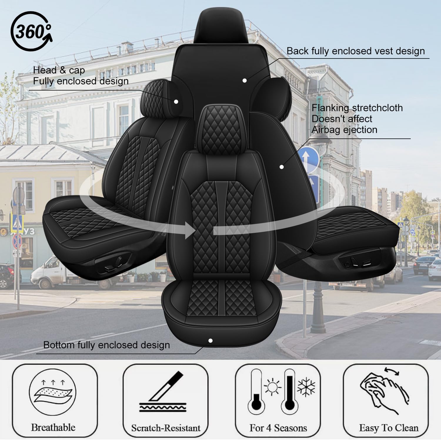 Car Seat Covers Full Set Fit for Ford Bronco Sport 2021-2025 2026: 5 Seat Auto Interior Accessories, Waterproof Faux Leather Vehical Car Seat Cushions Cover（Black