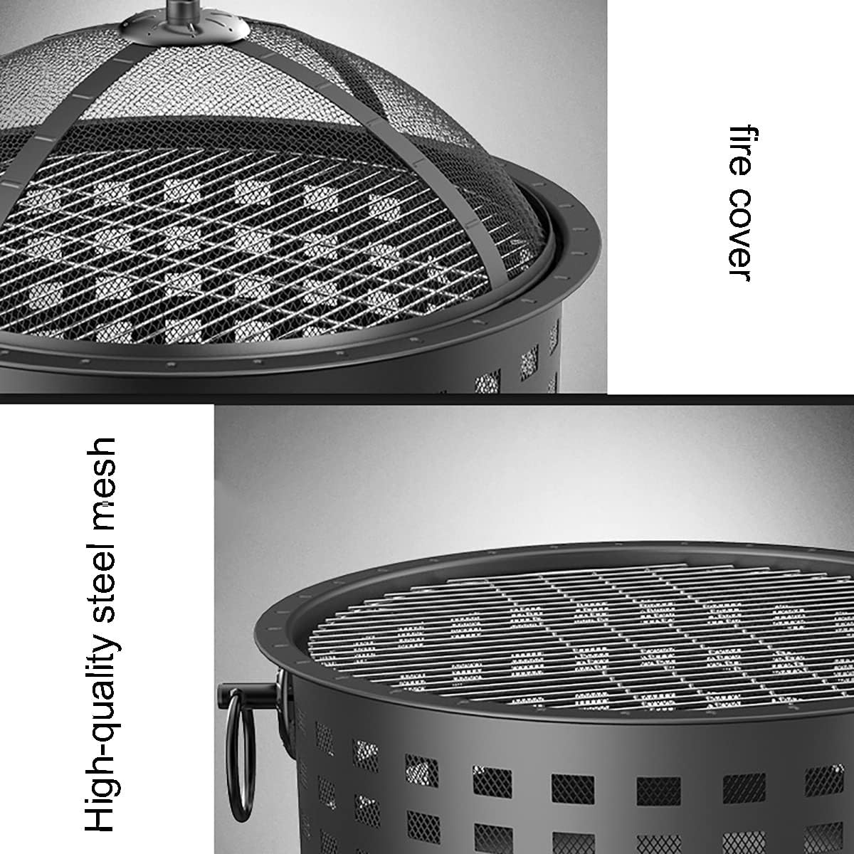 25.5inch Outdoor Wood Burning Fire Pits， Round Basin Camping Fire Pit，Household firewood Basin,with Ornate Black Base, Wood Poker, & Mesh Screen，for Patio Backyard Deck (Color : Black)