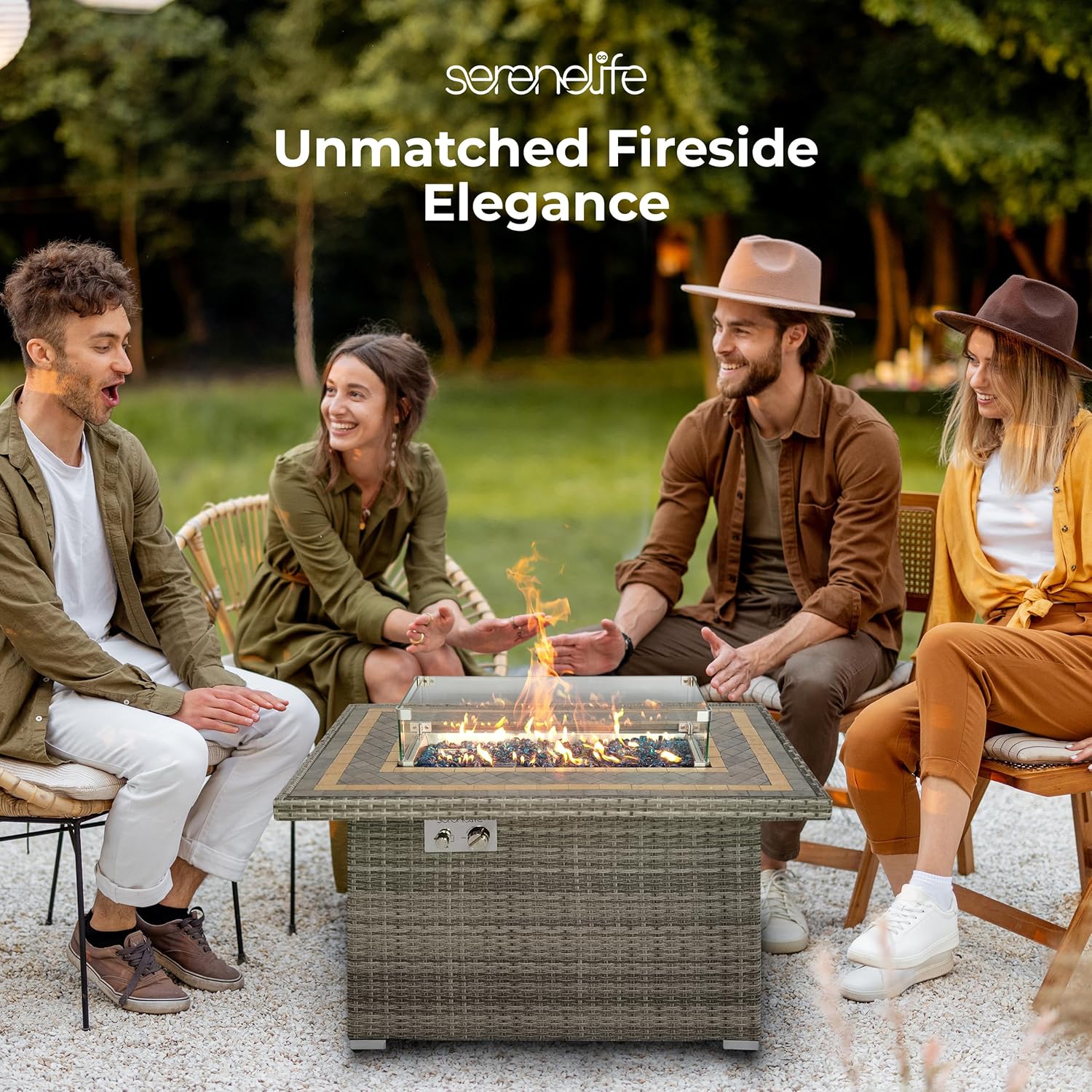 SereneLife Sturdy Wicker Base Propane Fire Pit Table with Tile Top, Patio Heater & Propane Heater, Sliding Door, Stainless Steel Burner, Tempered Glass Wind Guard, 50000 BTU, Weather Resistant