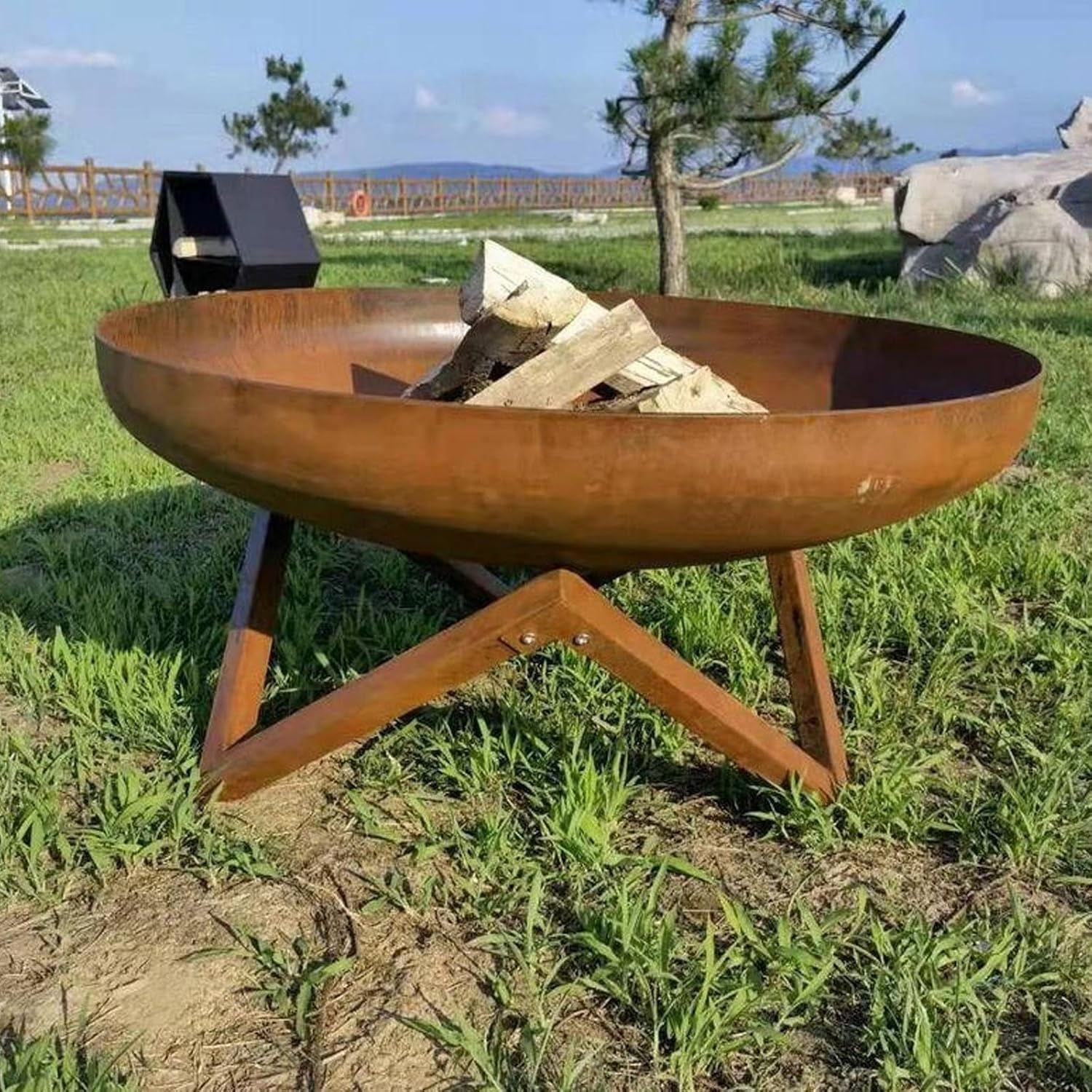 Generic BBQ Pit, Wood Burning Fire Pits for Outside, Thickened Corten Steel Basin Body for Wood Pellet Bonfire BBQ on Patio Garden Backyard Picnic, 5-7 People, 60*28cm, Metallic