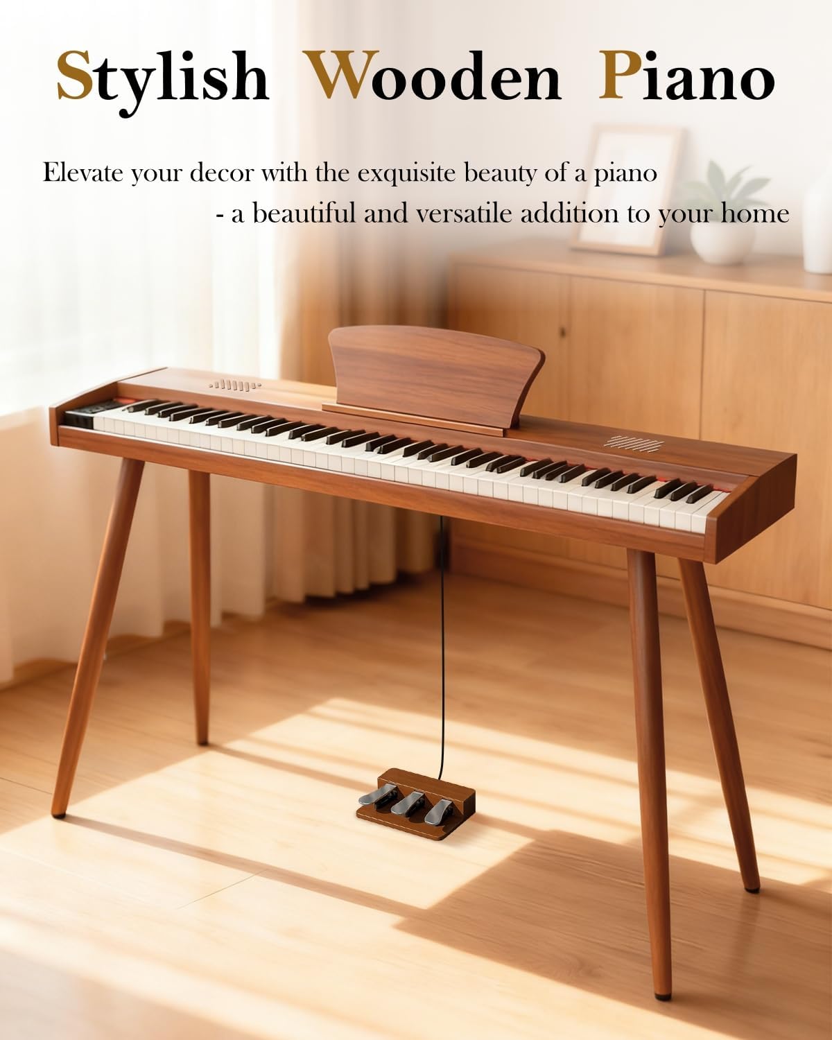 Longeye Digital Piano 88 Keys Wood Piano Keyboard Semi Weighted Electric Piano for Beginners and Professionals with Triple Pedal, Headphone, Music Rest Support MIDI Connection MOOD Walnut