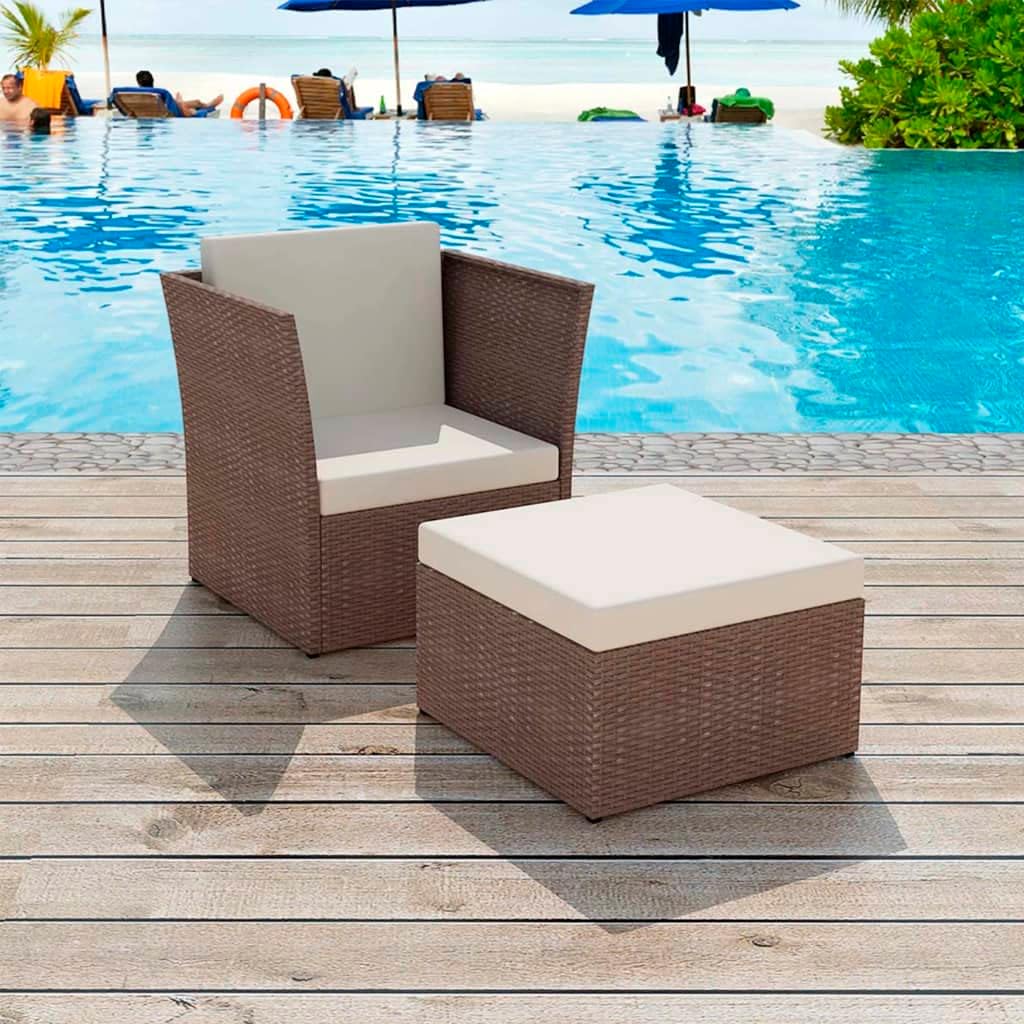 Patio Chair with Stool Poly Rattan Brown,Premium Rattan Chair and Footstool Set for Indoor and Outdoor Relaxation Outdoor Furniture, Outdoor Chairs
