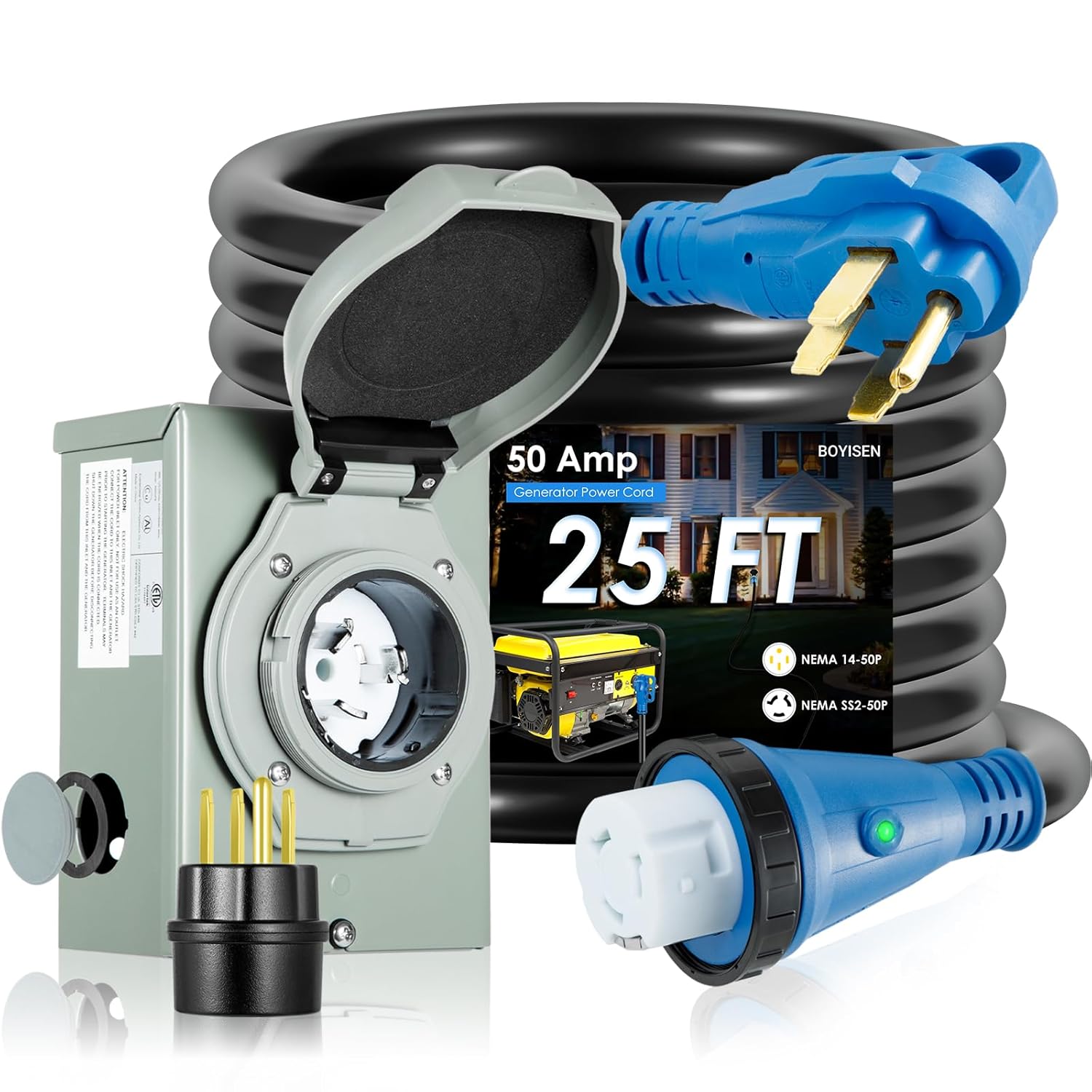 BOYISEN 50 Amp Generator Cord 25FT and Power Inlet Box Combo Kit, 50 Amp Generator Pre-Drilled Inlet Box, NEMA 14-50P to SS2-50R Cord with Adapter Plug and Cable Waterproof Combo Kit, ETL Listed
