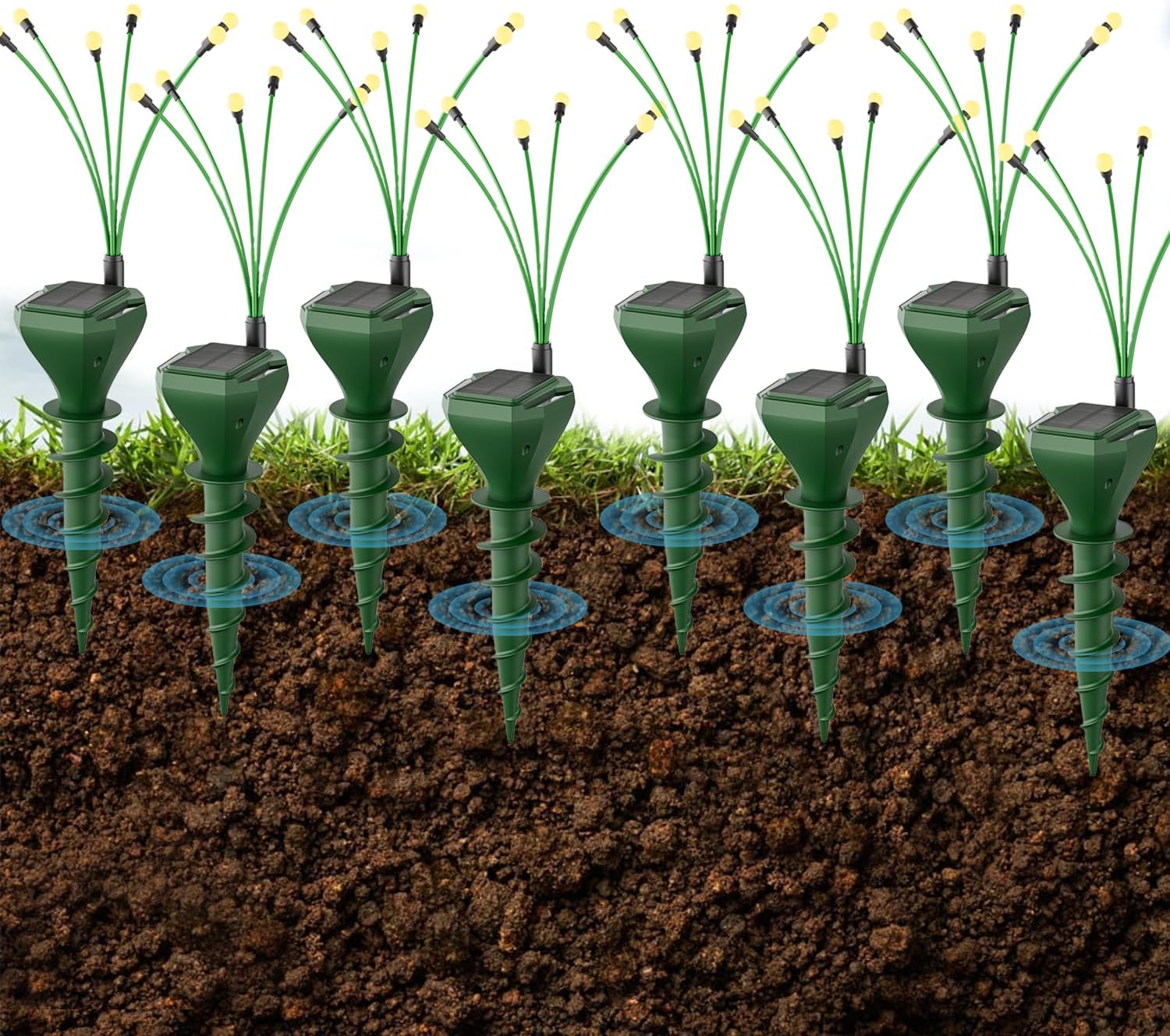 8 Pack Solar Mole Repellent Stakes – Outdoor Ultrasonic Gopher Deterrent with Firefly LED Lights, IP65 Waterproof Pest Control for Moles, Voles, Groundhogs, Snakes – Safe for Pets & Children