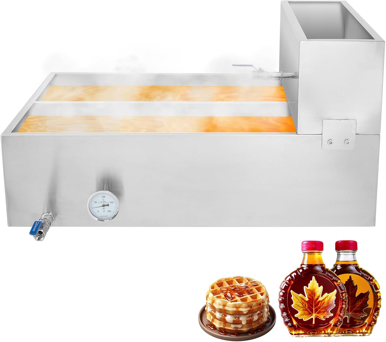 High Capacity Maple Syrup Evaporator Pan - Stainless Steel, 42.7 Gal, Pre-Heating Tank, Thermometer & Drain Valves, Upgraded Seamless Weld, Multi-Heat Compatible, Mini Evaporative Cooler, Size