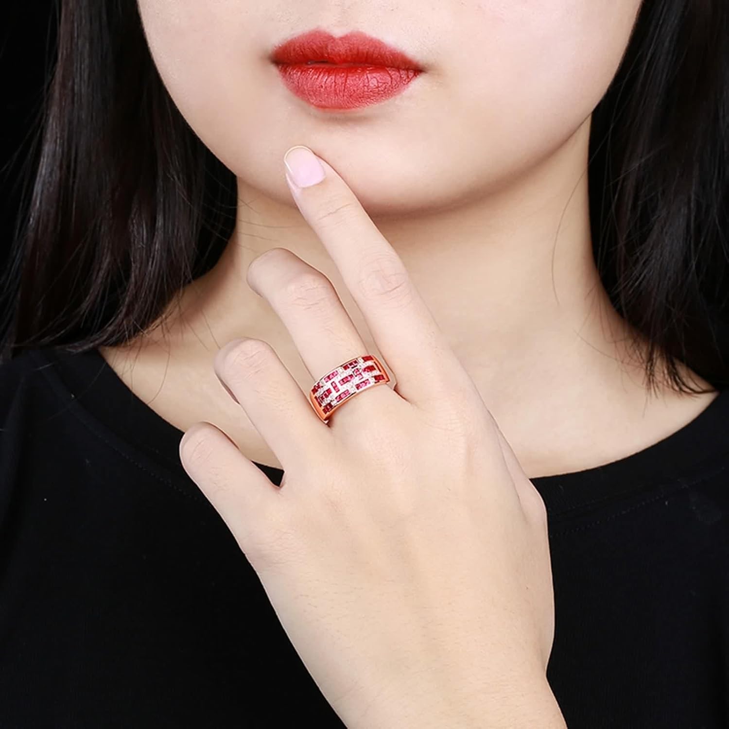 18K Rose Gold Rings, Women's Wedding Bands Lab Created Ruby Drill Row Rose Gold Ring with Moissanite for Bride