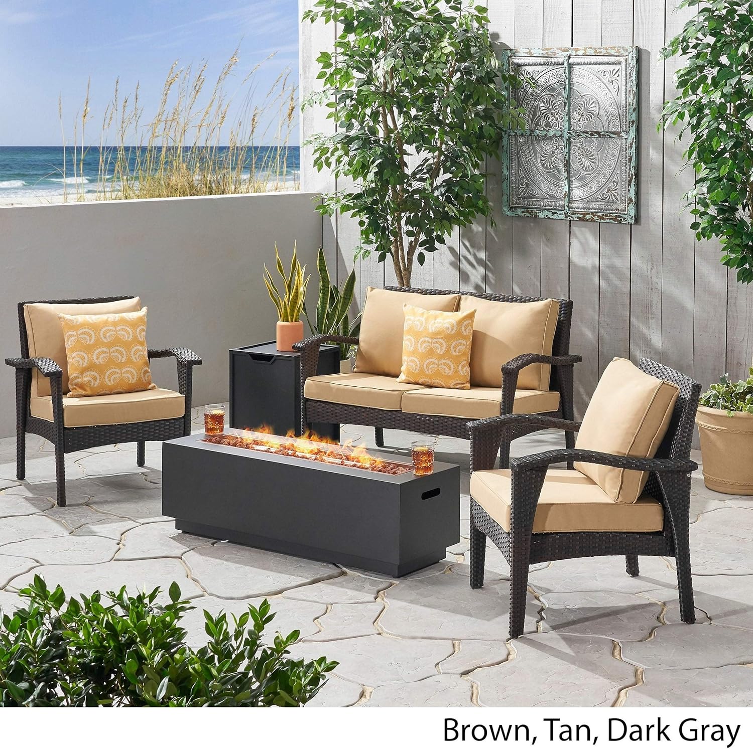 Misc Kahala Outdoor 4 Seater Wicker Chat Set with Fire Pit by - Gray+Light Gray+Dark Gray Brown Grey Tan Modern Contemporary Fabric Iron Cushion Included Water Resistant