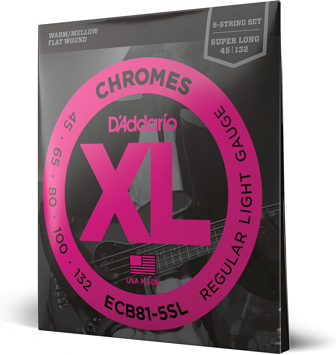 D'Addario XL Chromes Flat Wound Bass Guitar Strings - ECB81-5SL - 5 String - Super Long Scale - Regular Light, 45-132