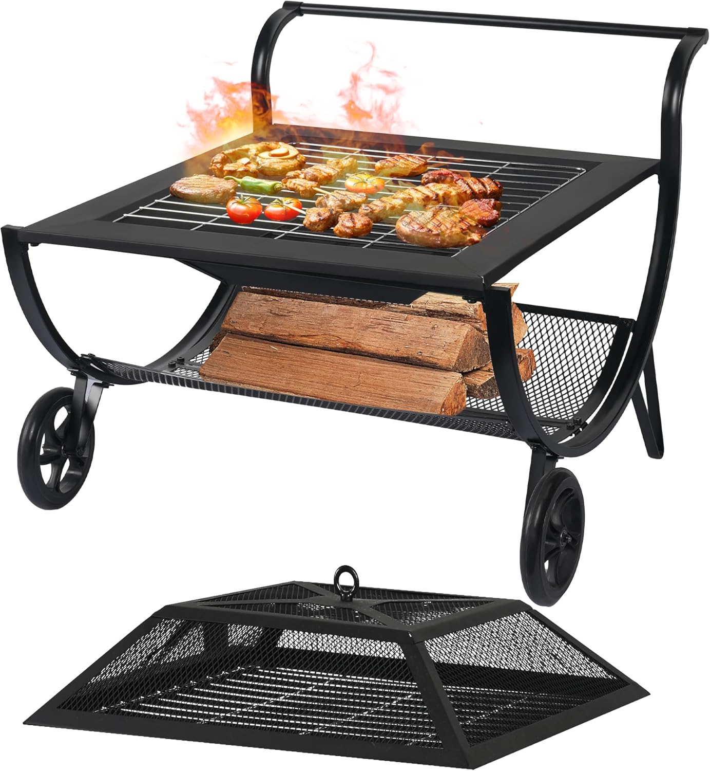 Outdoor Fire Pit with Wheels and Log Rack, Portable Fireplace Wood Burning for Garden, Patio, and Backyard - Includes Mesh Screen and Fire Poker, Fire Pits & Outdoor Fireplaces