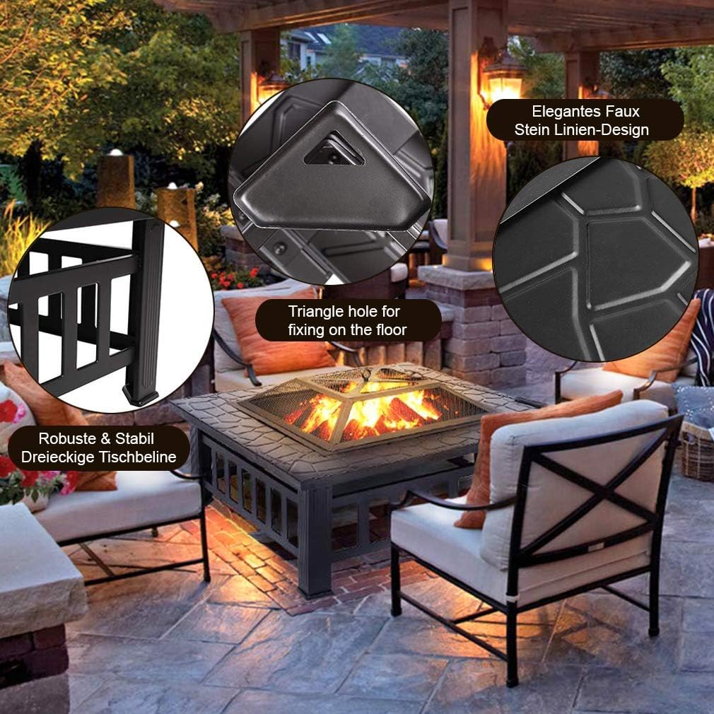 Fire Pit, 32” Outdoor Metal Fire Pit Table with Durable Steel Frame, Poker & Mesh Cover, Wood Burning Square Fireplace Backyard Patio Stove for Camping Picnic Bonfire BBQ, Black