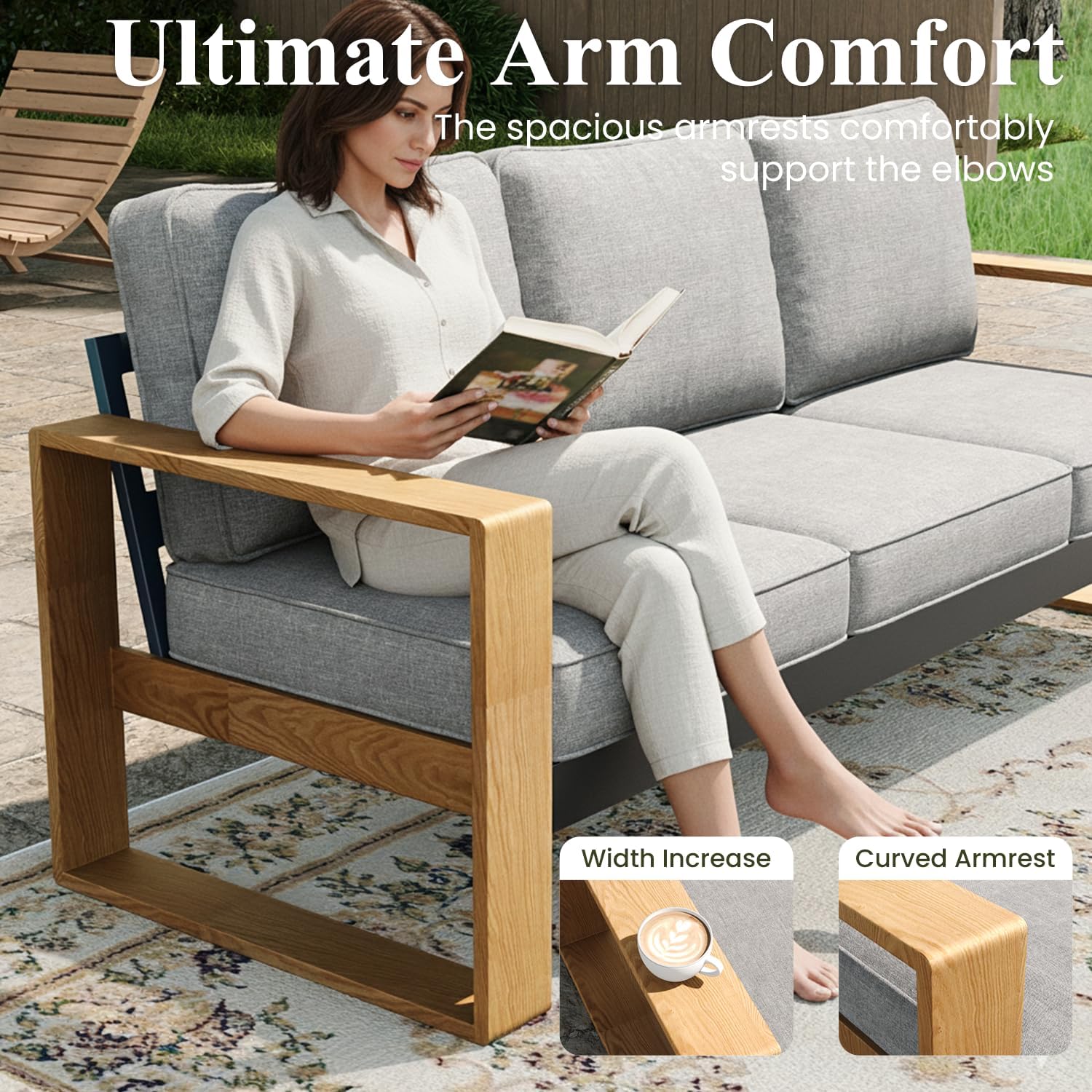 LayinSun 5 Pieces Aluminum Patio Furniture Set with Fire Pit Table, Oversized Seat with Hight Back, Outdoor Conversation Sets for Porch, Balcony, Deck