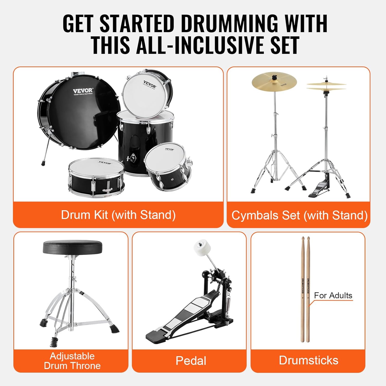 VEVOR Adult 5-Piece Drum Set, 22 Inches Complete Full Size Kit with Bass, Toms, Snare, Floor, Adjustable Throne, Stands, Cymbal, Hi-Hat Pedal and Drumsticks, Black