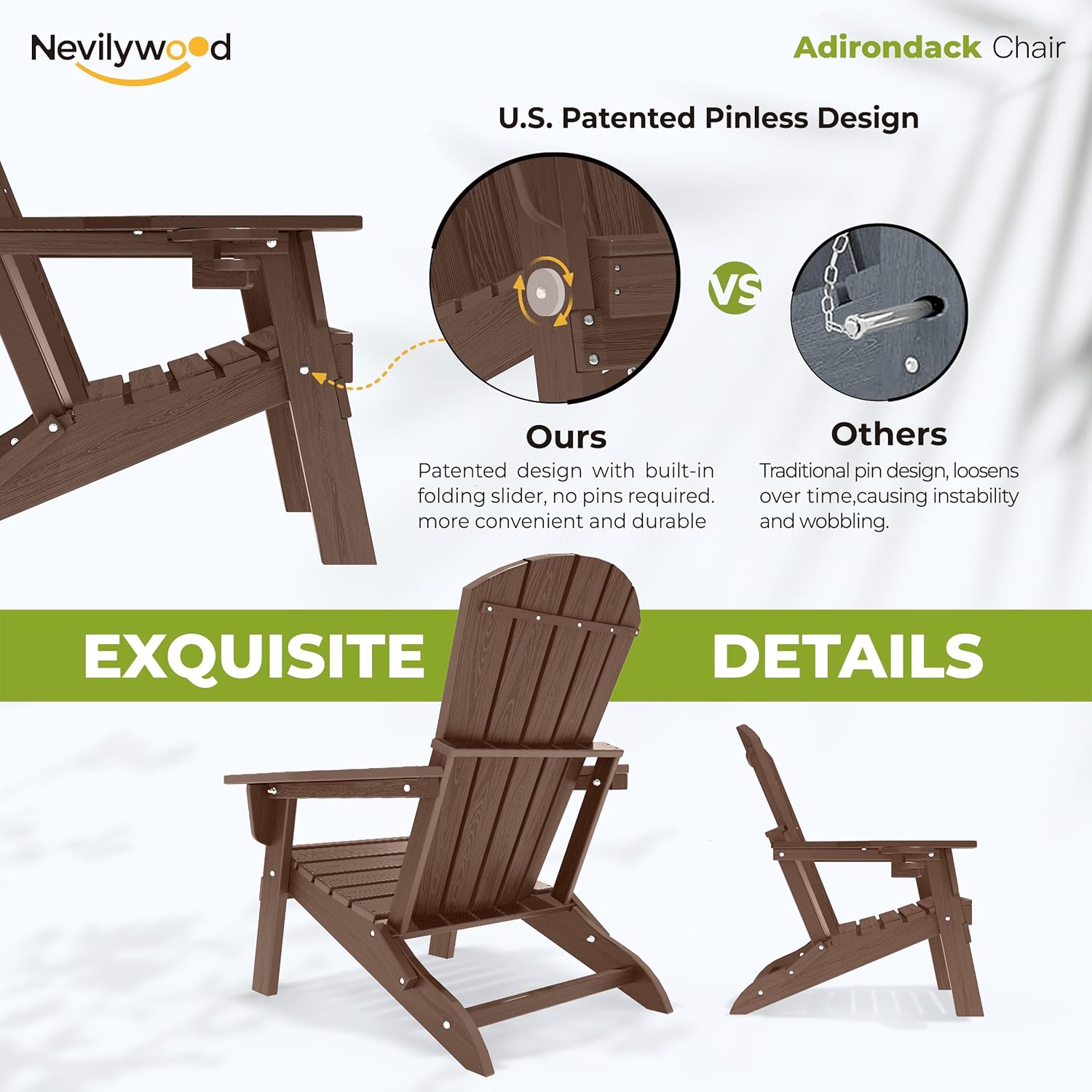 nevilywood Folding Adirondack Chair with Cup Holder Set of 2, HDPE Patio Chairs,All-Weather Outdoor Chairs for Backyard, Deck,Fire Pit-Coffee