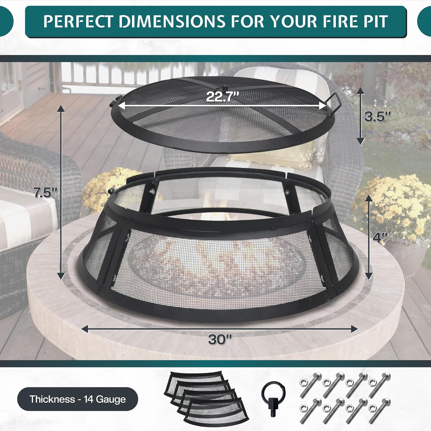 Febtech- Fire Pit Screen 30 inch Round - Heavy Duty Ember Arrester Fire Pit Spark Screen Steel Mesh Cover - FirePit Spark Screen Round with Hook for Outdoor Ring Cover & FirePit Insert