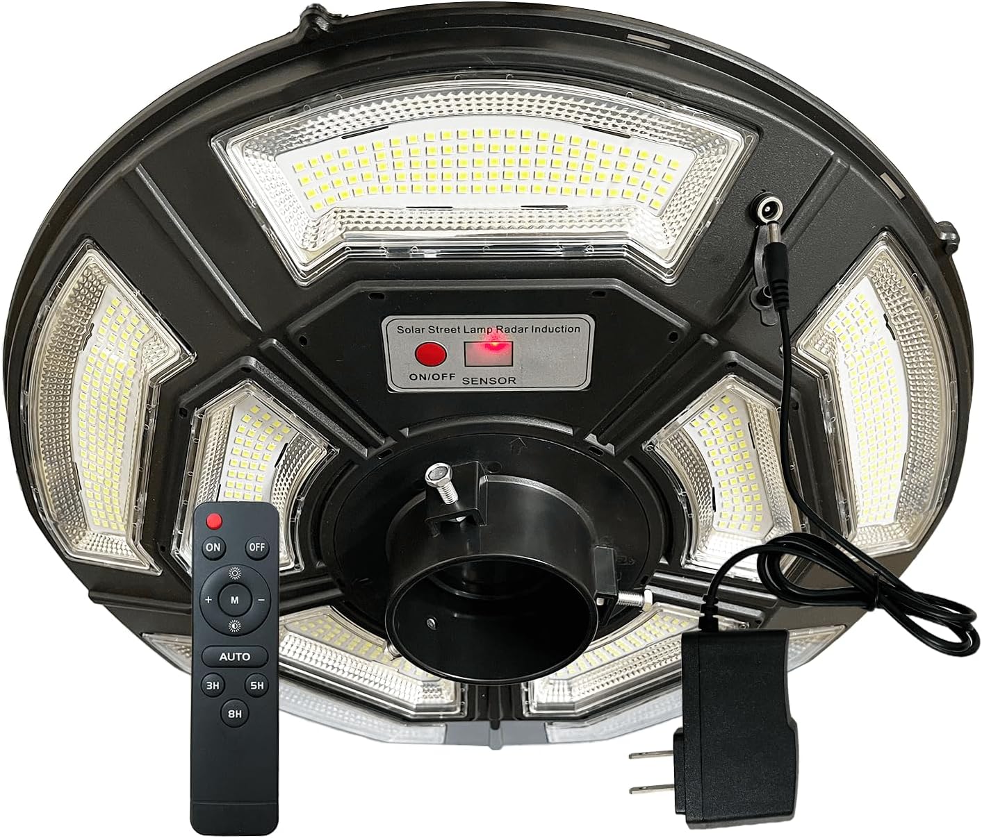 Outdoor Lamp Post Light with Motion Sensor, Solar Powered, IP65 Waterproof, Dusk to Dawn, 750-LED Pole Light Fixture with Remote and DC Port for Indoor Outdoor Lighting(Includes Plug)