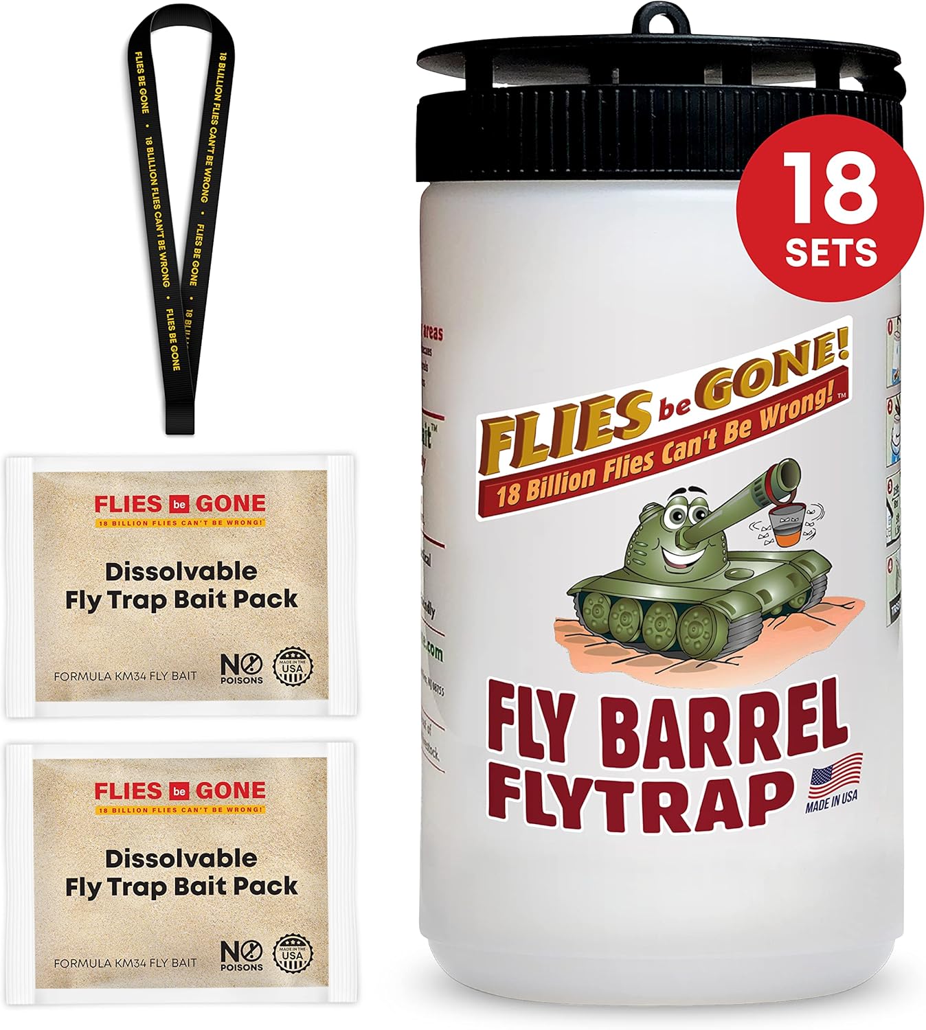Flies Be Gone Outdoor Fly Trap - Reusable Container, Patent Pending Screw Lid, Suspension Strap & 2 Non-Toxic Poison Fly Container Packs - Catcher for Outdoor Home and Commercial Use