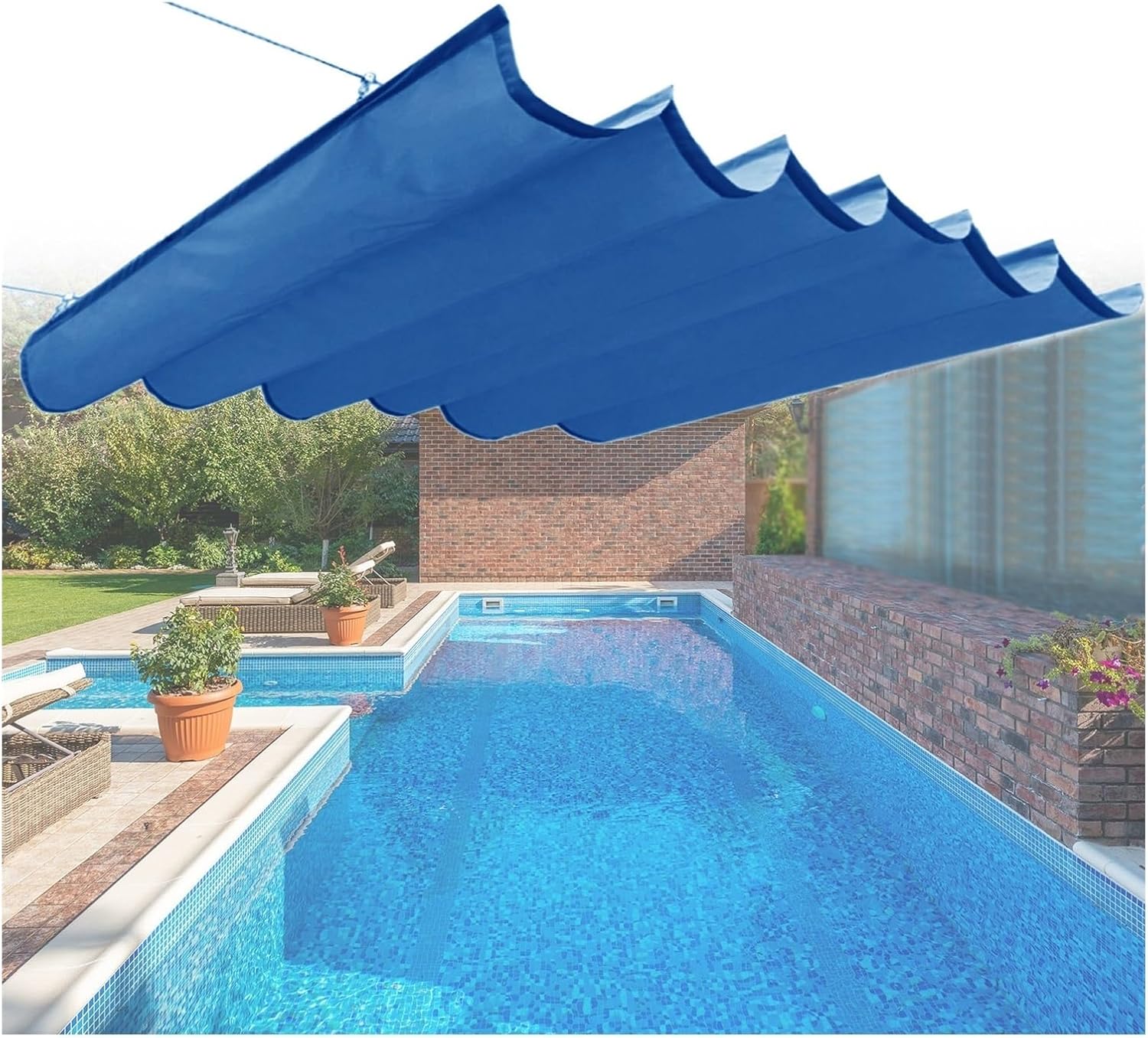 Retractable Pergola Awning Cover, Outdoor Waterproof U Shape Canopy, Sliding Wave Sun Shade Sail for Patio Deck Yard Gazebo (Color : Blue, Size : 8x11ft(2.4x3.4m))