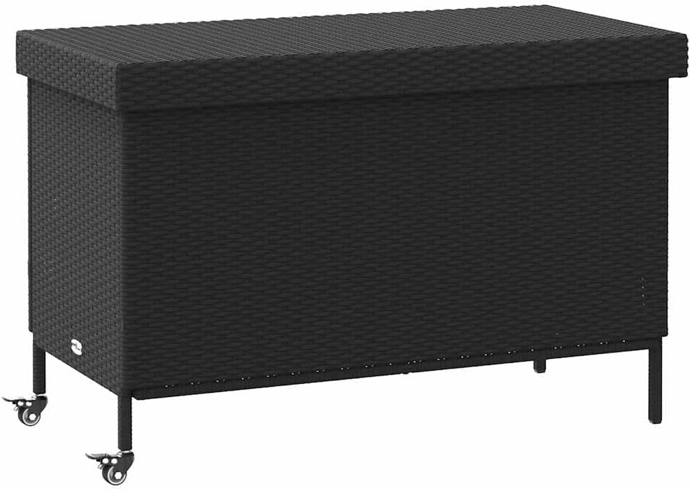 Wicker Patio Storage Box with Wheels, PE Rattan Deck Box Patio Storage Container for Cushions, Garden Tools, Black 43.3