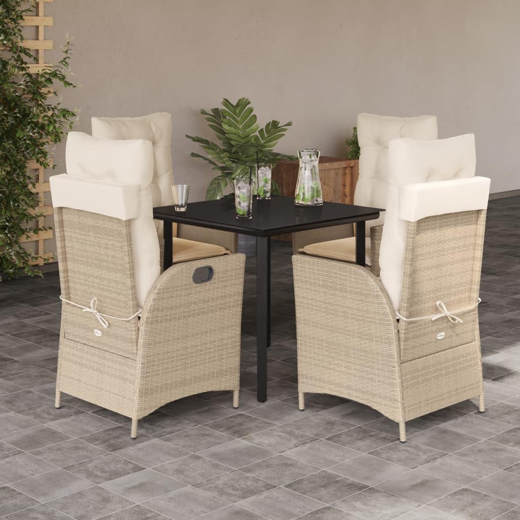 5 Piece Patio Dining Set with Cushions Beige Poly Rattan,Versatile Outdoor Furniture Set with Adjustable Rattan Chairs and Glass Table for Patio or Garden Furniture Sets for Patio, Lawn & Garden