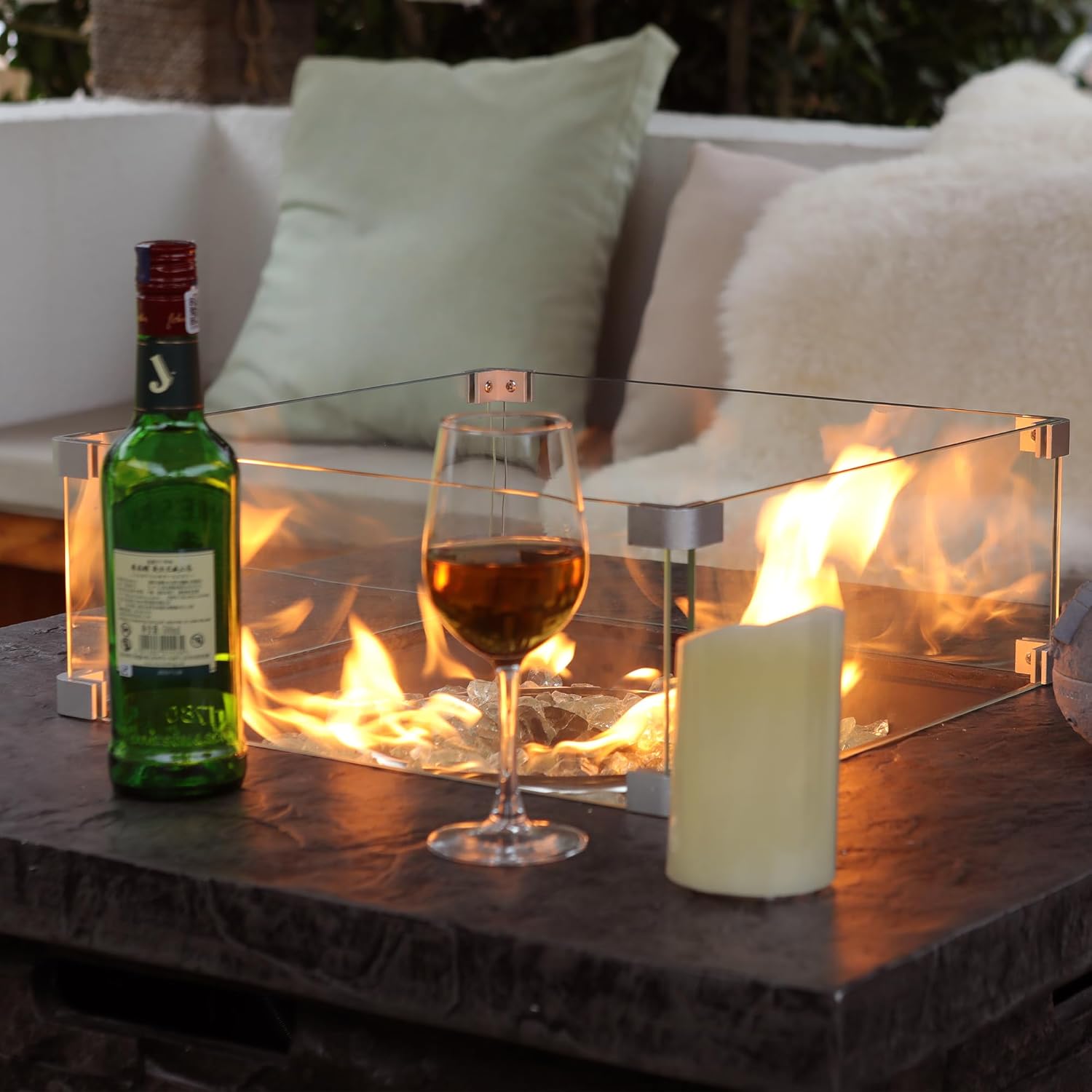 NAGA HABNA Propane Fire Pit Table, 34 Inch Outdoor Fire Table w Tank Table (50,000 BTU), Deep Grey Gas Fire Pit w Glass Wind Guard and Blue Fire Glass for Garden, Pool, Backyard (Square, Only Fire)