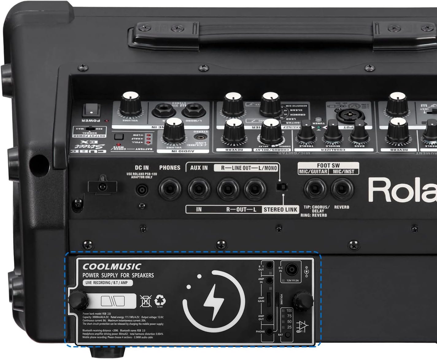 COOLMUSIC Battery for Guitar Amplifier Roland Cube Street EX, Power Bank PRO，Rechargeable, Headphone Amp, Bluetooth，Backup