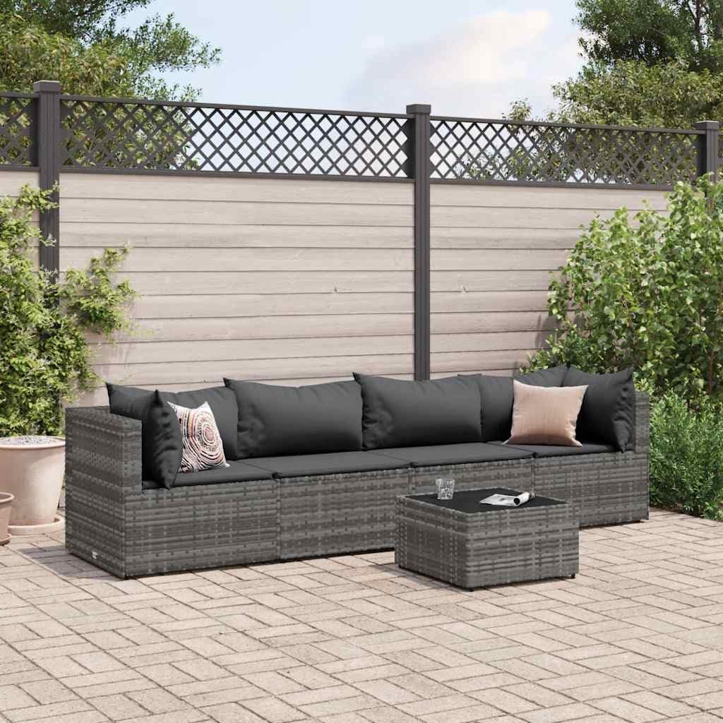 Patio Set 5 Piece Patio Lounge Set with Cushions Gray Poly Rattan