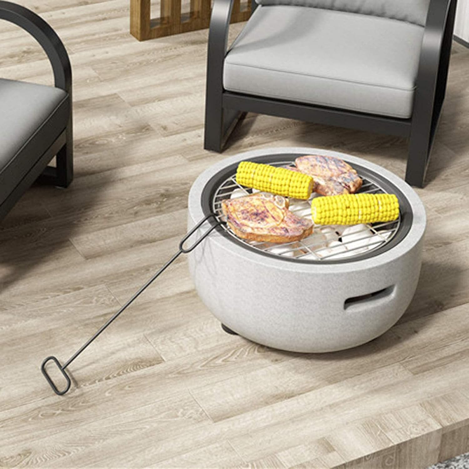 Small Fire Pit, Fire Pit with BBQ Grill Shelf, Garden Patio Heater Charcoal Log Wood Burner Fire Bowl with an Edging of Artificial Stone Outdoor Fire Pit Bowl